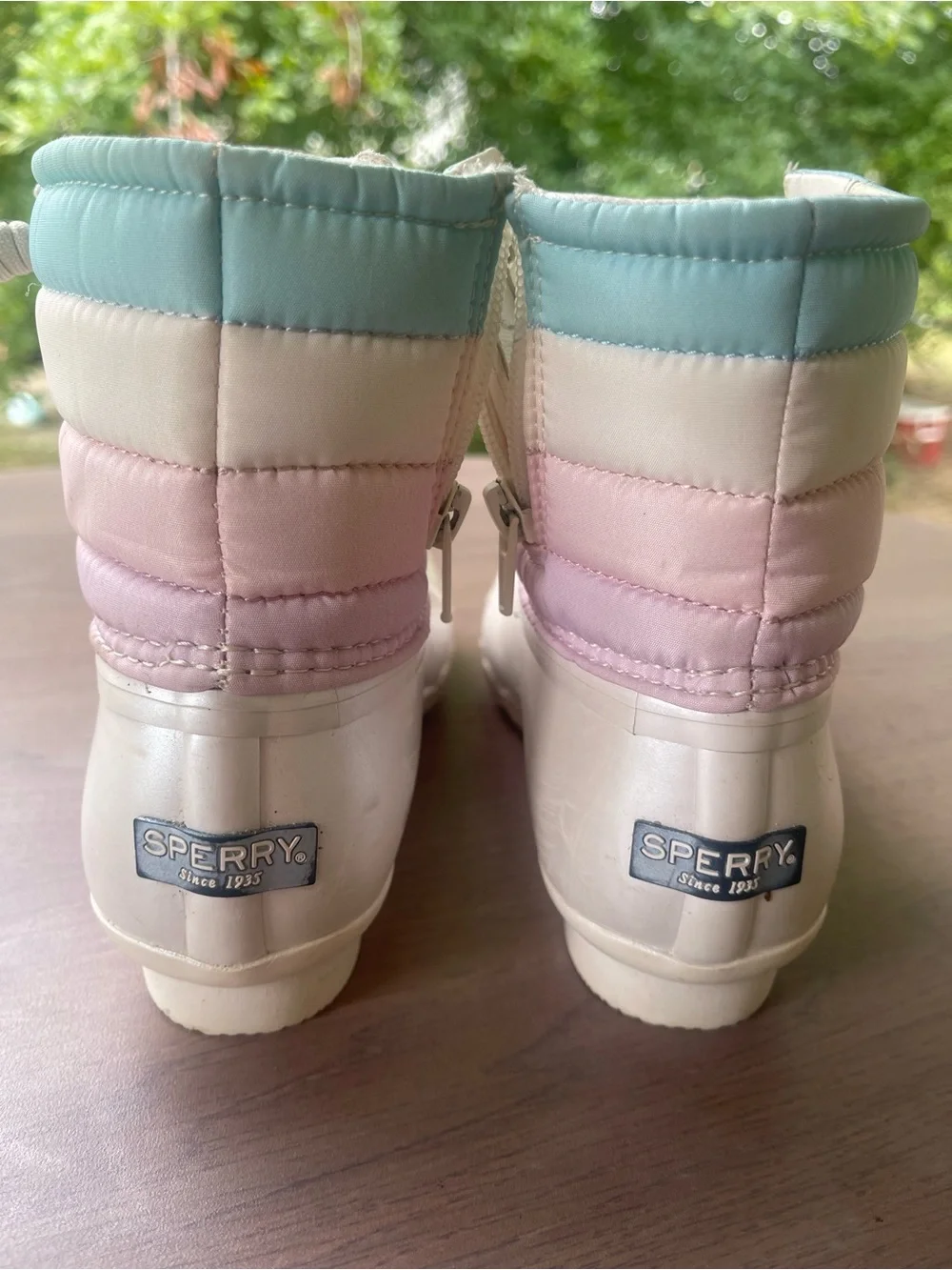 Sperry Kids Cream Duck Boots with Pink & Light Blue Trim